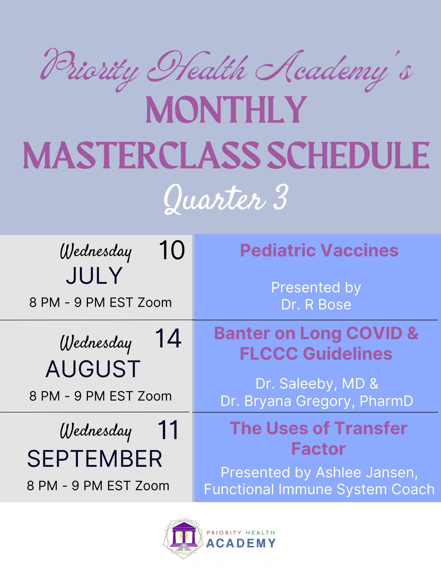Priority Health Academy's Monthly Masterclass Schedule - Quarter 3
